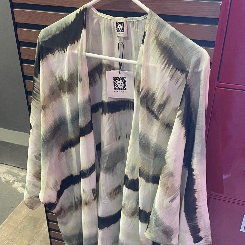 Anne Klein Olive Black Cream Watercolor Stripe Kimono Cardigan